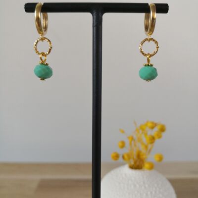 FINE earrings, golden mini hoops, with colored bohemian glass beads, fantasies, winter collection. Lagoon