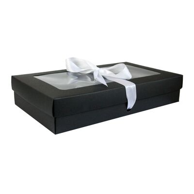 Pack of 12 Black Kraft Box Clear Lid and White Ribbon