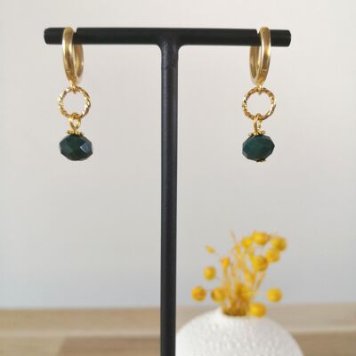 FINE earrings, golden mini hoops, with colored bohemian glass beads, fantasies, winter collection. Green bottle.