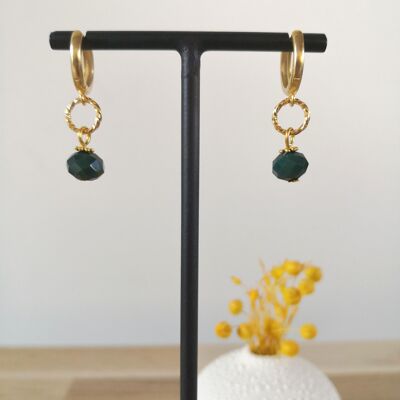 Boucles d'oreilles FINE, mini créoles dorée, avec perles de verre de bohème couleur, fantaisies, collection hiver. Vert bouteille.