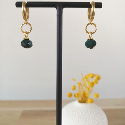 FINE earrings, golden mini hoops, with colored bohemian glass beads, fantasies, winter collection. Green bottle.