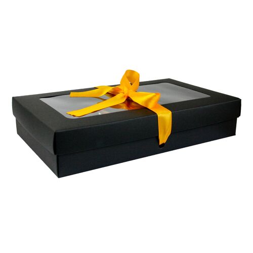 Pack of 12 Black Kraft Box Clear Lid and Yellow Ribbon