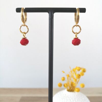 FINE earrings, golden mini hoops, with colored bohemian glass beads, fantasies, winter collection. Red.