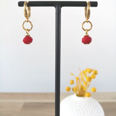 FINE earrings, golden mini hoops, with colored bohemian glass beads, fantasies, winter collection. Red.