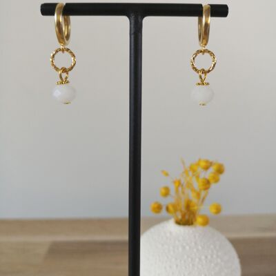 FINE earrings, golden mini hoops, with colored bohemian glass beads, fantasies, winter collection. White.