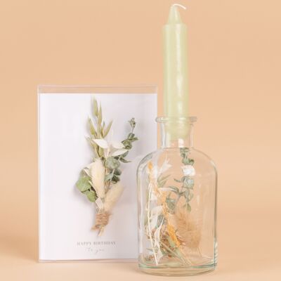 Geschenkset Flower Bottle Glasflasche Kerzenhalter mit Trockenblumen Grün + Happy Birthday Karte