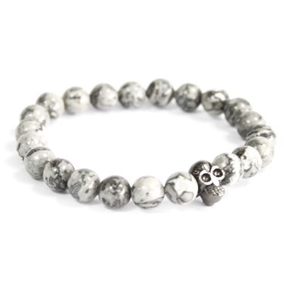 Boho-11 - Pewter Skull / Grey Agate - Gemstone Bracelet - Sold in 3x unit/s per outer