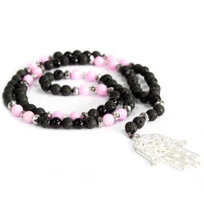 Boho-13 - Hamsa / Pink & Schwarz - Edelsteinkette - Verkauft in 1x Einheit/en pro Äußerem