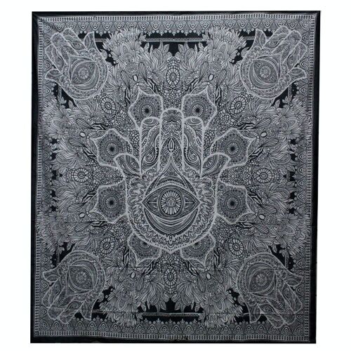 BWCB-04 - B&W Double Cotton Bedspread + Wall Hanging - Hamsa - Sold in 1x unit/s per outer
