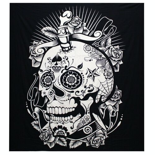 BWCB-06 - B&W Double Cotton Bedspread + Wall Hanging - Rose Skull - Sold in 1x unit/s per outer