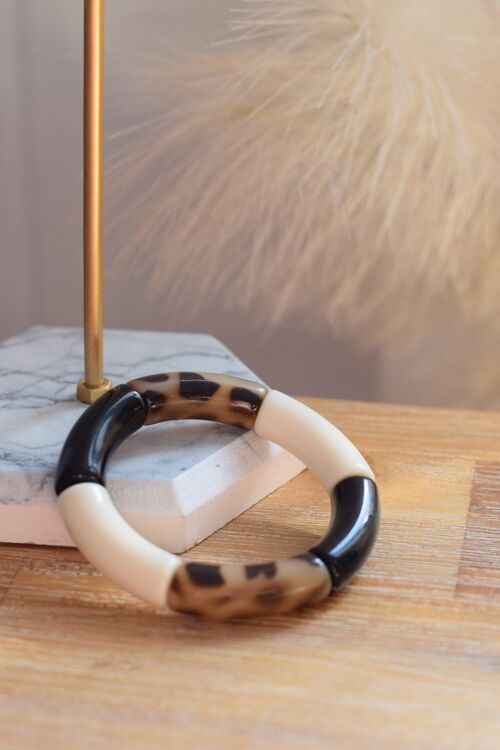 Bracelet en perles tubes acrylique léopard, ivoire et noir