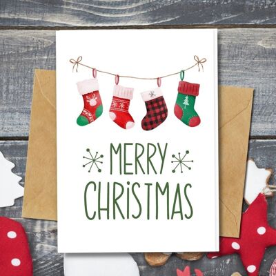 Fatto a mano ecologico | Cartoline di Natale in carta con semi piantabili o materiale organico - Calzini di Natale in stringhe