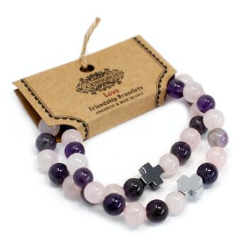 FGB-02 - Ensemble de 2 bracelets d'amitié avec pierres précieuses - Amour - Améthyste et quartz rose - Vendu en 1x unité/s par extérieur 2