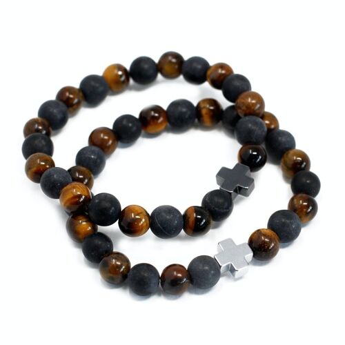 FGB-03 - Set of 2 Gemstones Friendship Bracelets - Power - Tiger Eye & Black Stone - Sold in 1x unit/s per outer