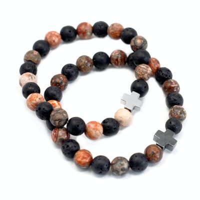 FGB-06 - Set of 2 Gemstones Friendship Bracelets - Ethernity - Leopard Skin Jasper & Lava Stone - Sold in 1x unit/s per outer