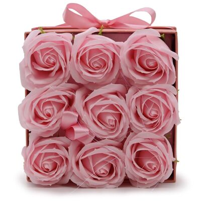 GSFB-04 - Bouquet Cadeau Fleur de Savon - 9 Roses Roses - Carré - Vendu en 1x unité/s par extérieur