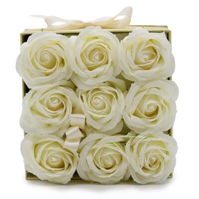 GSFB-07 - Bouquet regalo di fiori di sapone - 9 rose color crema - Quadrato - Venduto in 1x unità per esterno