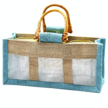 JCGB-06 - Sac cadeau à fenêtre en pur jute et coton - Trois bocaux bleu sarcelle - Vendu en 10x unité/s par extérieur 4