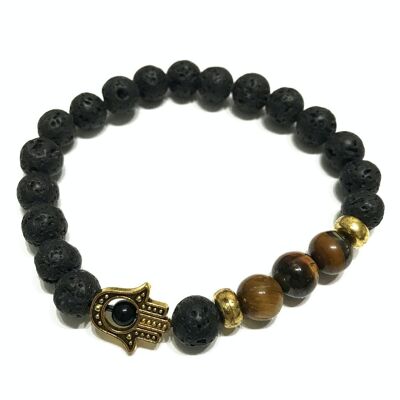 LavaSB-09 - Bracciale in pietra lavica - Hamsa Tiger-eye - Venduto in 4x unità per esterno