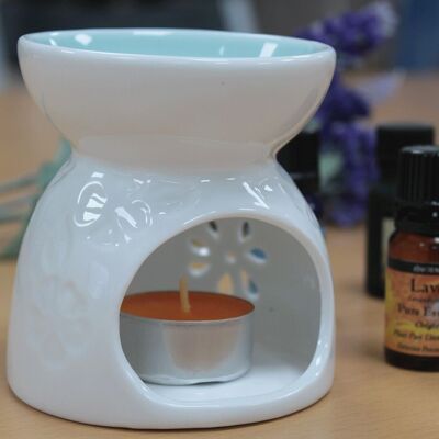OBCW-08 - Classic White Oil Burner - Floral with Teal Well - Sold in 1x unit/s per outer