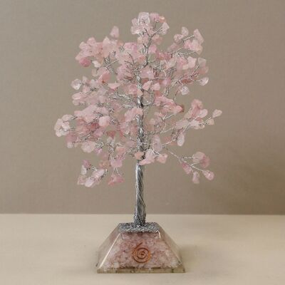 OGemT-11 - Árbol de piedras preciosas con base de orgonita - Piedra 320 - Cuarzo rosa - Se vende en 1 unidad/es por exterior