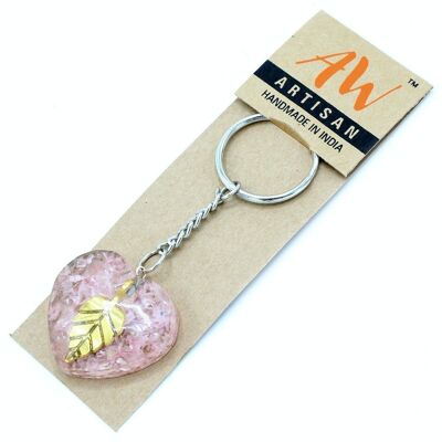 OrgK-10 - Orgonite Power Keyring - Rose Quartz Heart Golden Leaf - Sold in 1x unit/s per outer