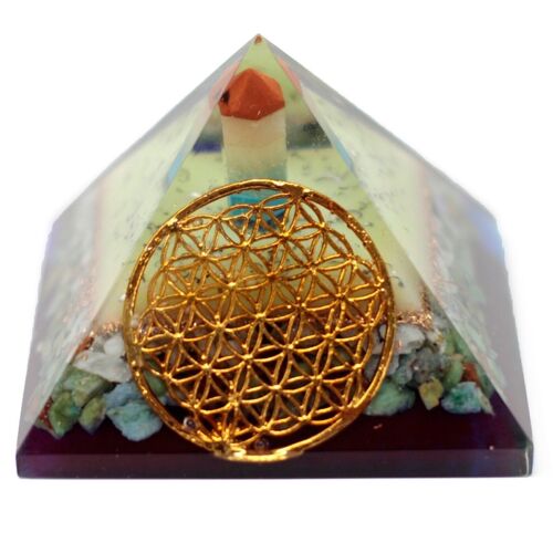 ORGN-14 - Lrg Organite Pyramid 80mm - Flower of life symbol - Sold in 1x unit/s per outer