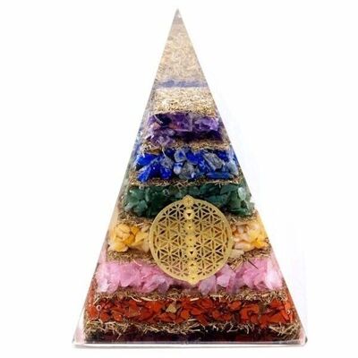 Orgn-15 - Pirámide de Orgonita - Flor de la Vida de los Siete Chakras - 70 mm - Vendido en 1x unidad/es por exterior