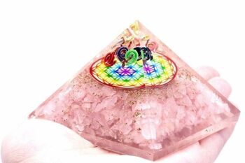 Orgn-19 - Pyramide d'orgonite - Fleur de vie arc-en-ciel en quartz rose - 70 mm - Vendu en 1x unité/s par extérieur 4