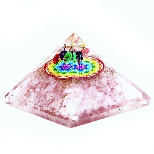 Orgn-19 - Orgonite Pyramid - Rose Quartz Rainbow Flower of Life - 70 mm - Sold in 1x unit/s per outer