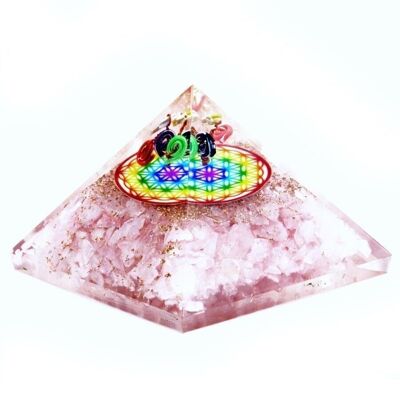 Orgn-19 - Orgonite Pyramid - Rose Quartz Rainbow Flower of Life - 70 mm - Sold in 1x unit/s per outer