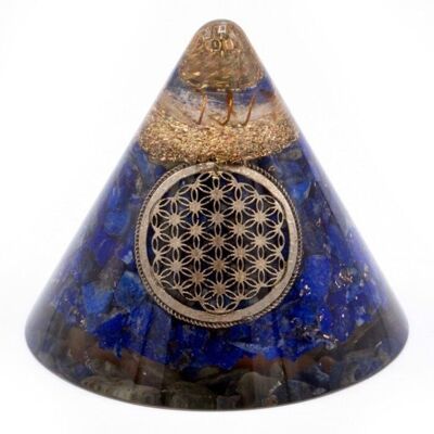 Orgn-21 - Orgonite Cone - Lapis Flower of Life - Suspended Quartz - 90 mm - Sold in 1x unit/s per outer