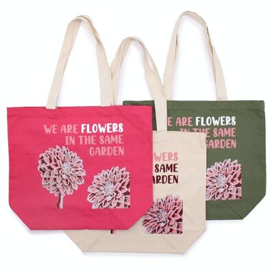 PCB-03 - Printed Cotton Bag - We are Flowers - Olive, Pink and Natural - Sold in 3x unit/s per outer