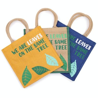 PJB-02 - Printed Jute Bag - We are Leaves - Yellow, Blue and Natural - Sold in 3x unit/s per outer