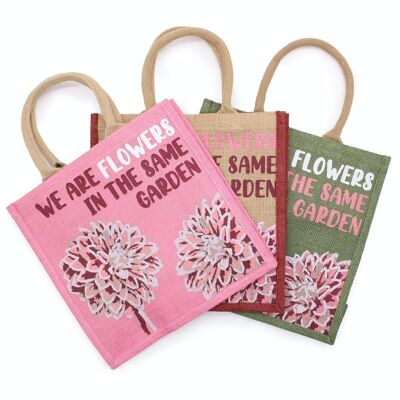 PJB-03 - Bolsa de Yute Estampada - Somos Flores - Oliva, Rosa y Natural - Vendido en 3x unidad/es por exterior