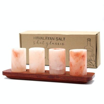 QsaltS-01 - Set of 4 Himalayan Salt Shot Glasses & Wood Serving Tray - Sold in 1x unit/s per outer