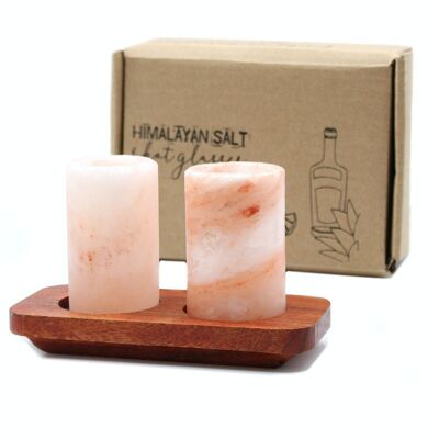 QsaltS-02 - Set of 2 Himalayan Salt Shot Glasses & Wood Serving Tray - Sold in 1x unit/s per outer