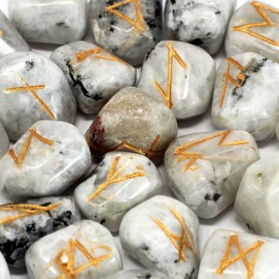 Rune-51 - Juego de piedras rúnicas en bolsa - Piedra lunar arcoíris - Se vende en 1 unidad/es por exterior