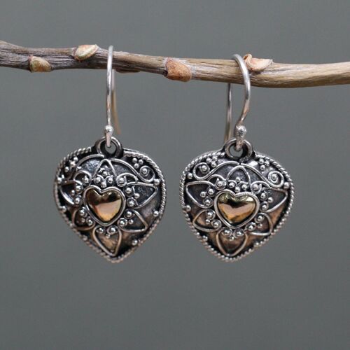 SGJ-06 - Silver & Gold Earring - Mandala Hearts - Sold in 1x unit/s per outer