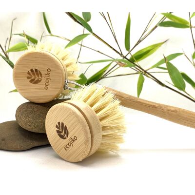 Brosse à vaisselle en bambou écologique à long manche et tête remplaçable
