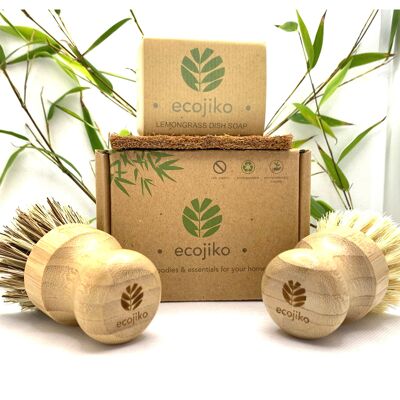 Ensemble-cadeau écologique de savon à vaisselle végétalien et brosse à récurer en bambou