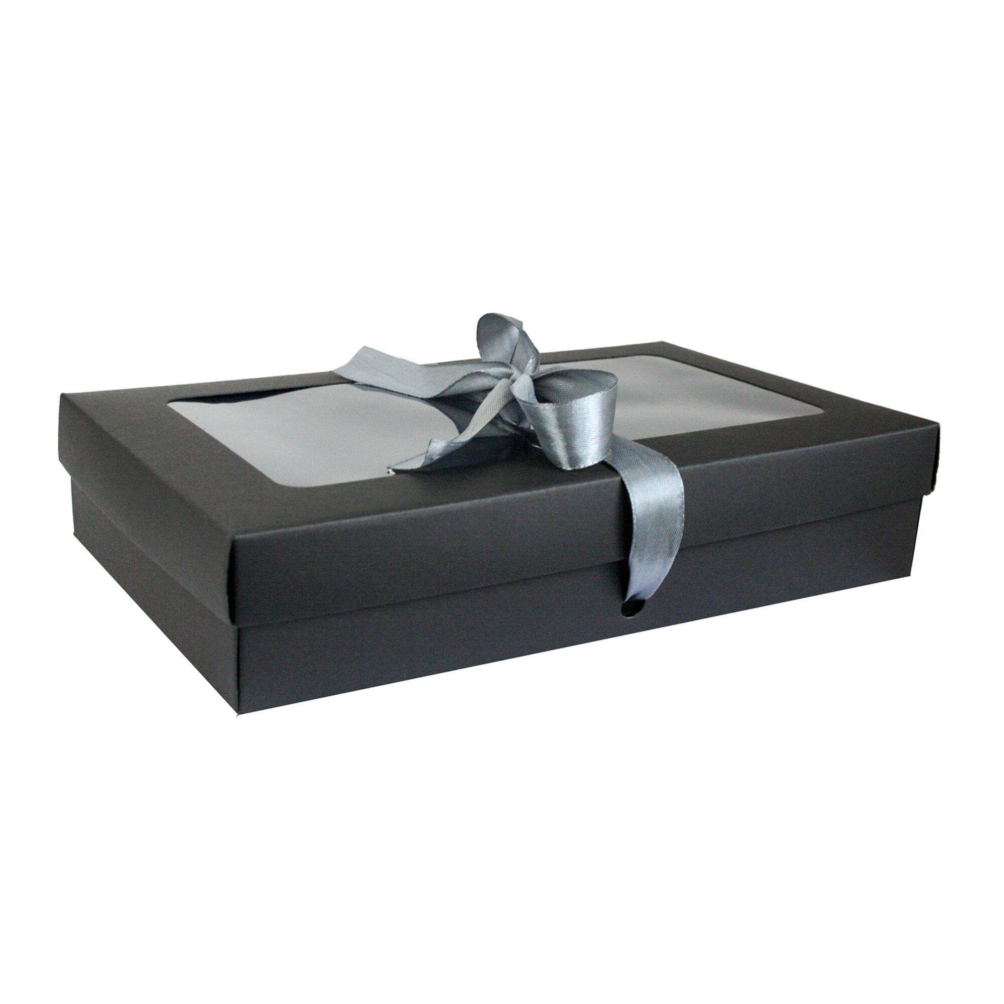 Paquete de 12 Cajas Kraft Negras con Tapa Transparente y Cinta Gris