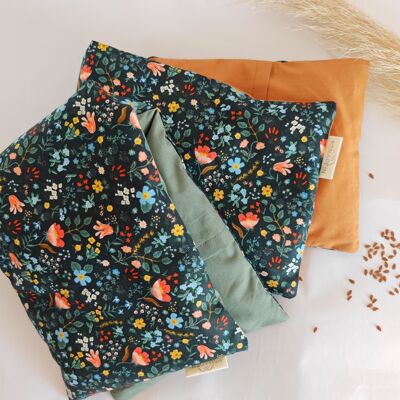 Borsa dell'acqua calda a lunga asciugatura con semi di lino biologici - impacco caldo o freddo con rivestimento sfoderabile - cotone blu e ocra