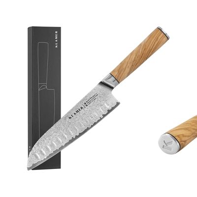 KLAMER Premium Santoku Damastmesser aus Olivenholz mit echtem japanischer Stahl 18 cm Kochmesser