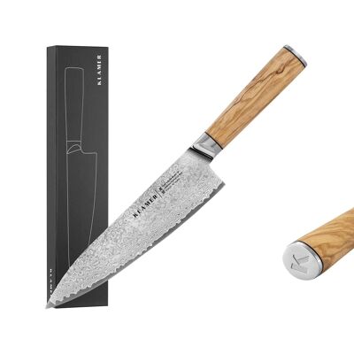 KLAMER Damast Chefmesser 20cm aus Olivenholz, extra scharfes Küchenmesser, echter japanischer Damaststahl, Fleischmesser