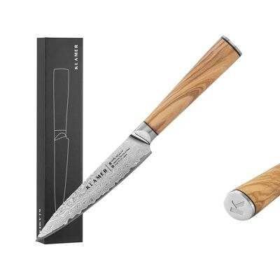 KLAMER Damast Allzweckmesser 12,7cm aus Olivenholz, scharfes Küchenmesser, Profi Kochmesser aus japanischem Stahl