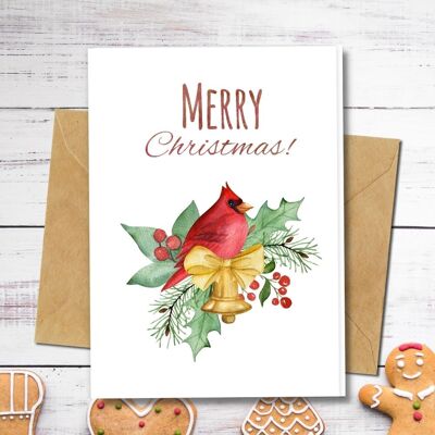 Ecológico hecho a mano | Tarjetas de Navidad de papel de semillas plantables o material orgánico - Decoración de pájaros rojos y campanas
