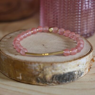 Bracelet en Quartz rose mat et tube en acier inoxydable