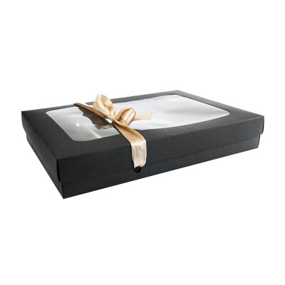 Pack of 12 Black Kraft Box with Clear Lid and Satin Ribbon