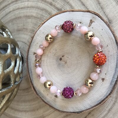 Ladies' bracelet in salmon jade, crystal and rhinestone balls